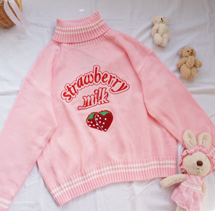 Cute Pastel Pink Strawberry Milk Turtleneck Knit Sweater Sweatshirt Jumper Long Sleeve Pullover E-Girl Kawaii Korean Japanese Harajuku Streetwear