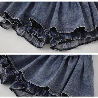 Denim Bow Ruffle Low Waist Skirt
