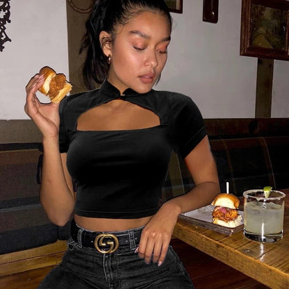Cute Sexy Casual Black Hallow Out Crop Top Short Sleeve Shirt Tee T-shirt E-Girl Kawaii Korean Japanese Harajuku Chinese Retro Streetwear Aesthetic