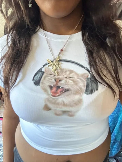 Cat Music Print Ribbed Tank Top