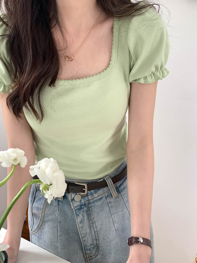 Green Puff Sleeve Square Collar Top