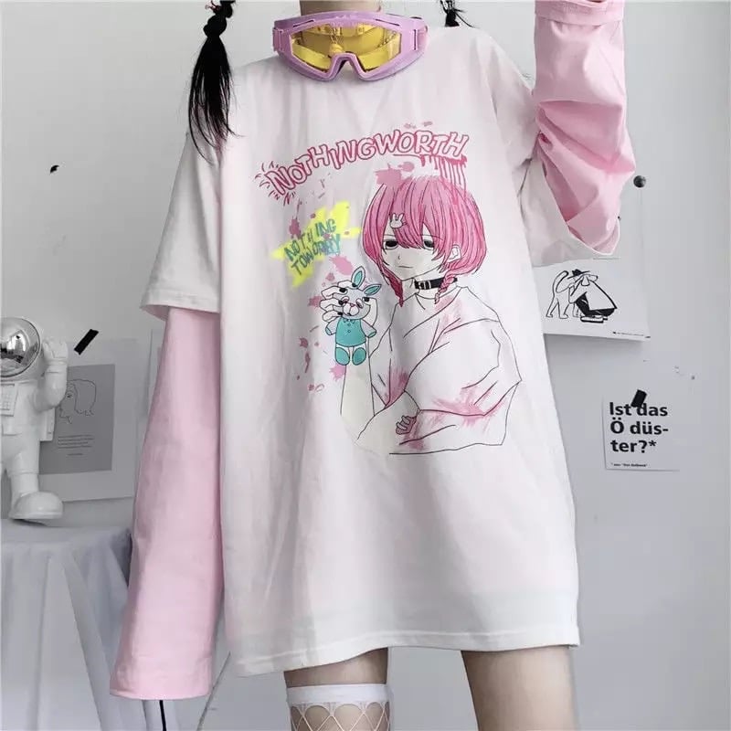 Goth Anime Girl Cartoon Print Loose Casual Sweatshirt Sweater Long Sleeve Shirt Pullover Jumper E-Girl Kawaii Korean Japanese Harajuku Streetwear