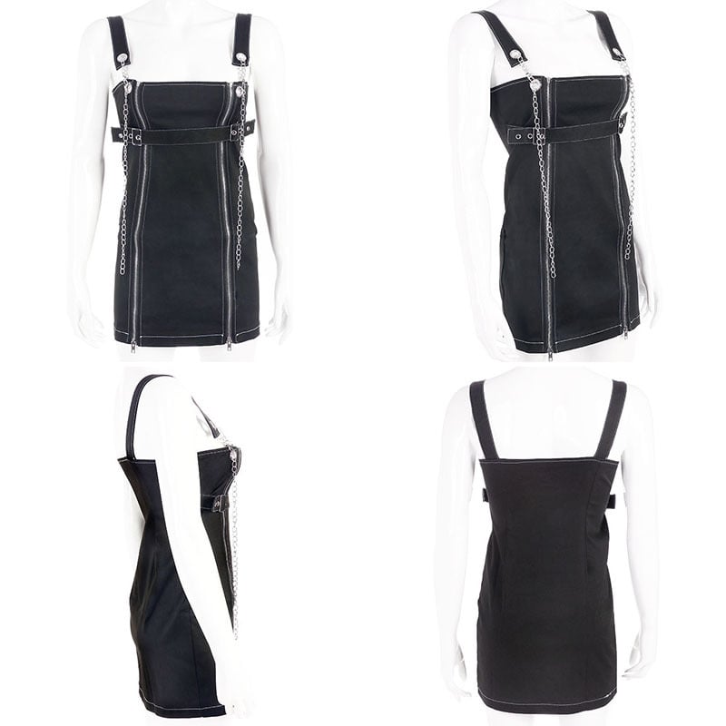 Sexy Black Casual Chain Metal Sling Belt Zipper Short Mini Dress Punk Goth E-Girl Kawaii Korean Japanese Harajuku Streetwear