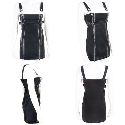 Sexy Black Casual Chain Metal Sling Belt Zipper Short Mini Dress Punk Goth E-Girl Kawaii Korean Japanese Harajuku Streetwear