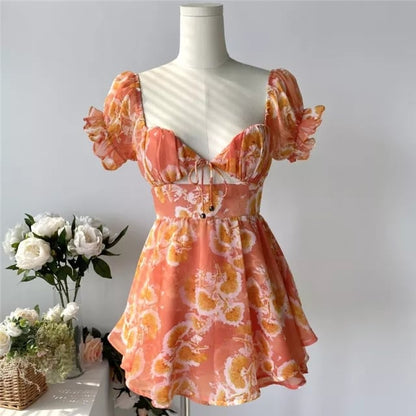 Cute Sweet Floral Print Jumpsuit Chiffon Ruffled Squared Collar Dress Summer Aesthetic Casual E-Girl Kawaii Korean Japanese Harajuku