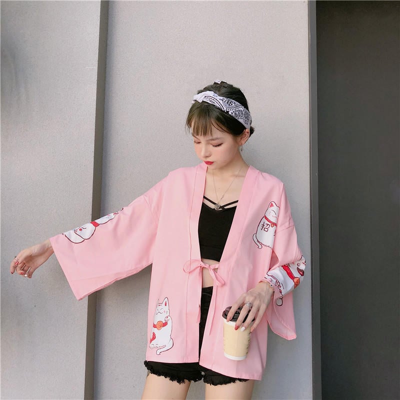 Pink Cat Blouse Kimono Cardigan Cartoon Print Loose Blouse Long Sleeve Shirt T-shirt Top E-Girl Kawaii Korean Japanese Harajuku Streetwear