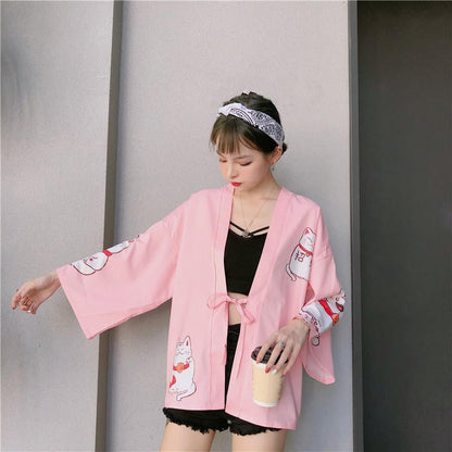Pink Cat Blouse Kimono Cardigan Cartoon Print Loose Blouse Long Sleeve Shirt T-shirt Top E-Girl Kawaii Korean Japanese Harajuku Streetwear