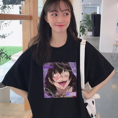 Cute Yandere Anime Girl Cartoon Print Short Sleeve Tee Shirt T-shirt Top Punk Goth Summer Casual E-Girl Kawaii Korean Japanese Harajuku Streetwear