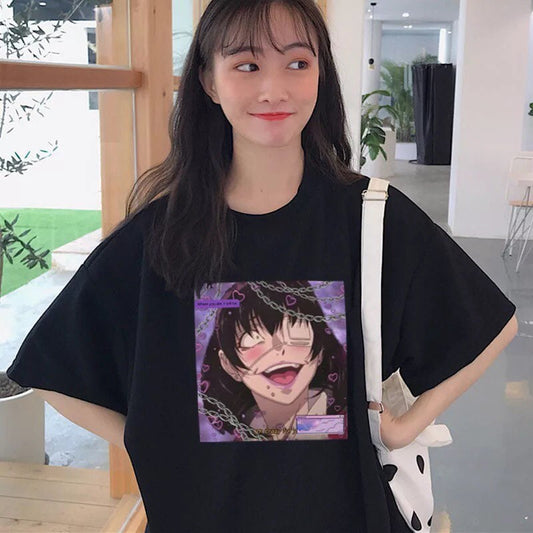 Cute Yandere Anime Girl Cartoon Print Short Sleeve Tee Shirt T-shirt Top Punk Goth Summer Casual E-Girl Kawaii Korean Japanese Harajuku Streetwear