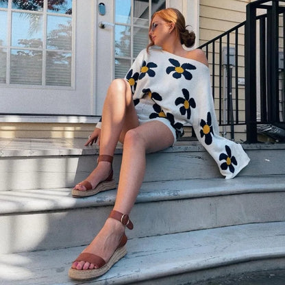 Floral Knit Long Sleeve Pullover + Shorts