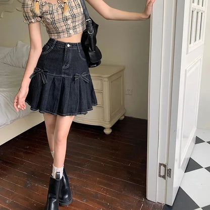 Denim Bow Pleated Mini Skirt