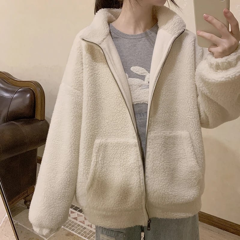 Fluffy Fleece Bear Embroidery Loose Zipper Jacket