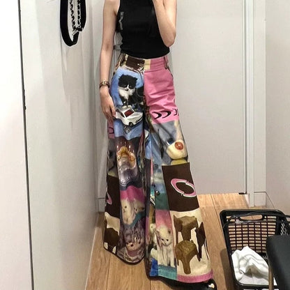 Cat Contrast Patchwork Wide Leg Trousers