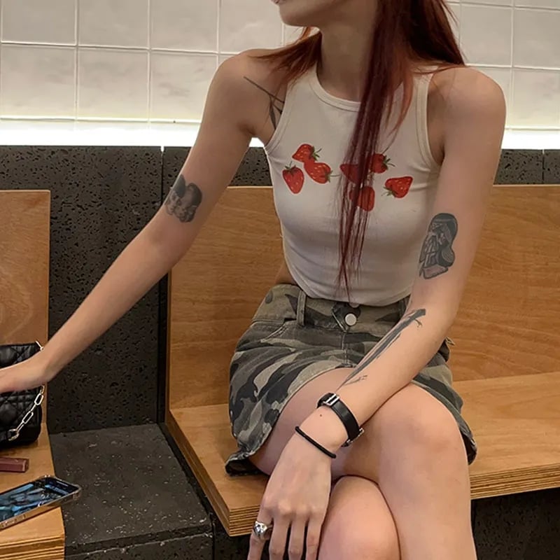 Strawberry Print Ribbed Tank Top