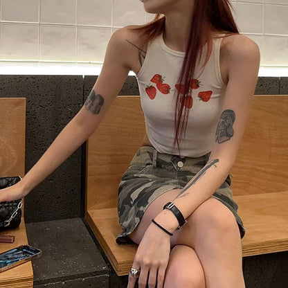 Strawberry Print Ribbed Tank Top