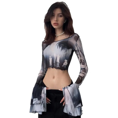 Y2K Punk Print Flare Long Sleeve Top