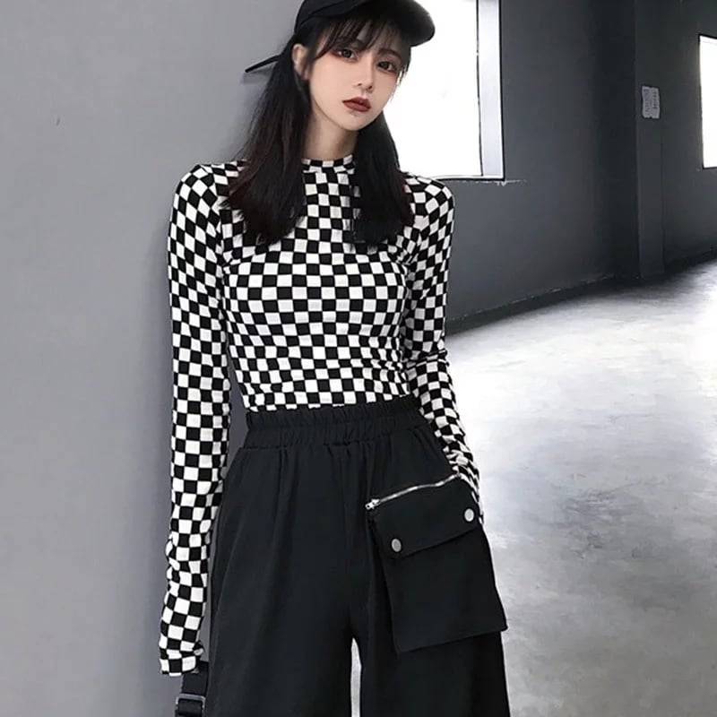Cute Black White Checkerboard Plaid Long Sleeve Shirt Top Punk Goth Aesthetic Casual E-Girl Kawaii Korean Japanese Harajuku