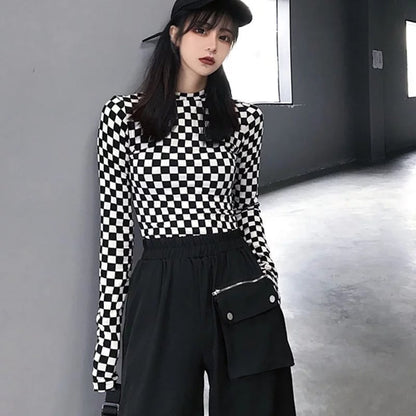 Cute Black White Checkerboard Plaid Long Sleeve Shirt Top Punk Goth Aesthetic Casual E-Girl Kawaii Korean Japanese Harajuku