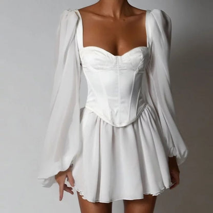 Cute White Elegant Bustier Corset Long Puff A-line Mini Dress Party Beach Summer Aesthetic Casual E-Girl Kawaii Korean Japanese Harajuku