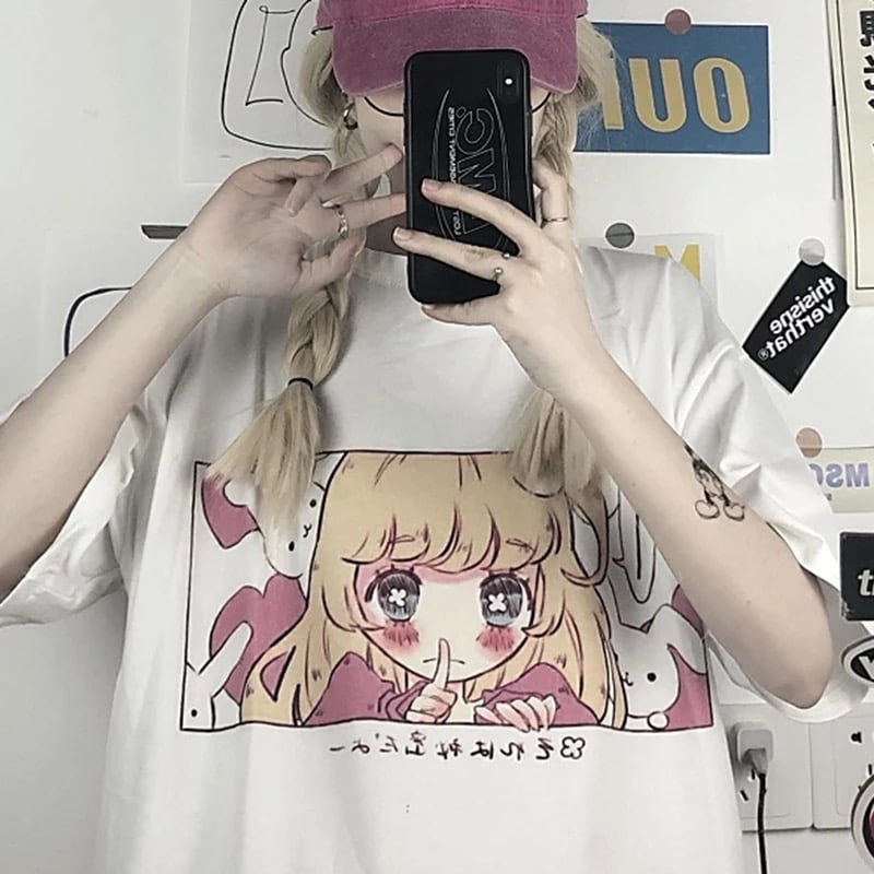 Cute Pink Anime Girl Cartoon Graphic Casual Short Sleeve Shirt Tee T-shirt E-Girl Kawaii Korean Japanese Harajuku Chinese Retro Streetwear Aesthetic