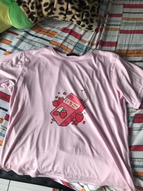 Cute Pink Strawberry Juice Box Graphic Cartoon Print Loose Short Sleeve Short T-shirt Top Casual E-Girl Kawaii Korean Japanese Harajuku Streetwear