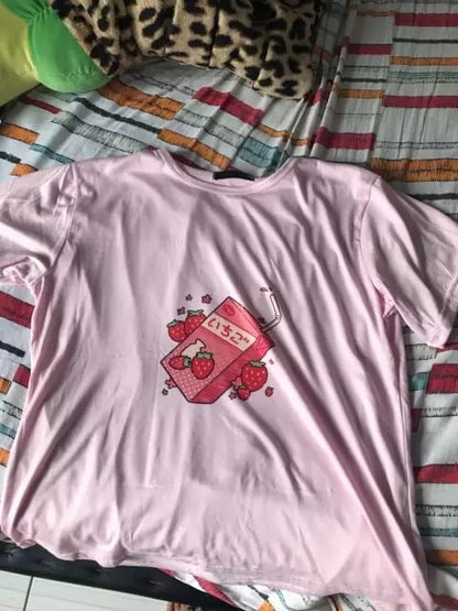 Cute Pink Strawberry Juice Box Graphic Cartoon Print Loose Short Sleeve Short T-shirt Top Casual E-Girl Kawaii Korean Japanese Harajuku Streetwear