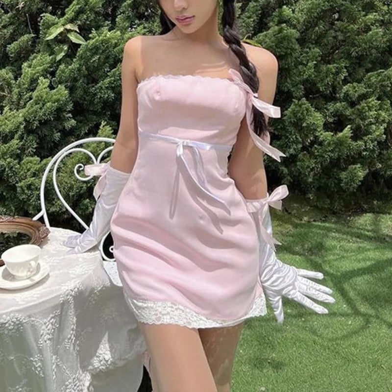 Pink Satin Lace Trim Strapless Dress