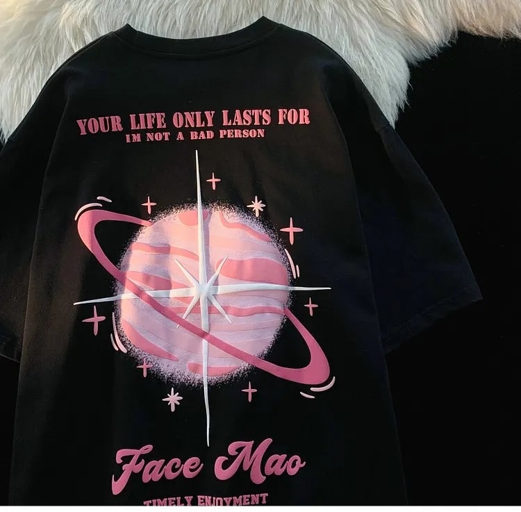 Pink Planet Print Short Sleeve T-shirt