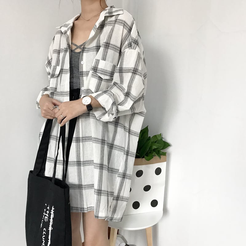Cute Casual Plaid Flannel Loose Oversized Long Sleeve Shirt Top Boyfriend Baggy E-Girl Kawaii Korean Japanese Harajuku Retro Streetwear