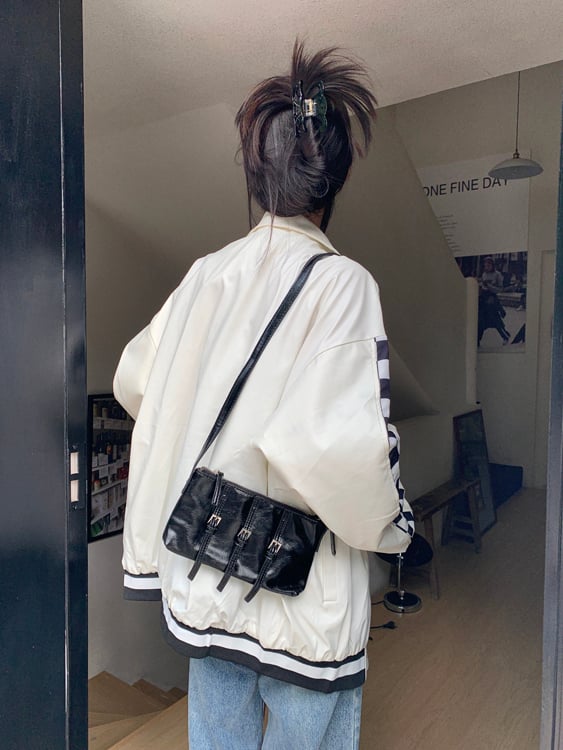 Black PU Leather Checkboard Loose Jacket