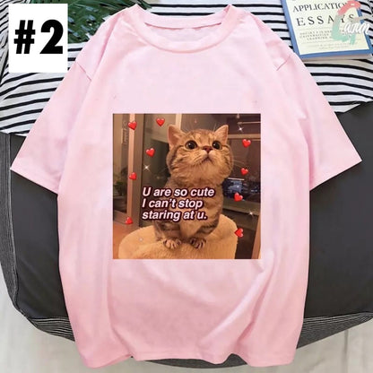 Cute Pink Funny Cat Kitten Meme Cartoon Print Loose Short Sleeve Short T-shirt Tee Top Summer Casual E-Girl Kawaii Korean Japanese Harajuku Streetwear