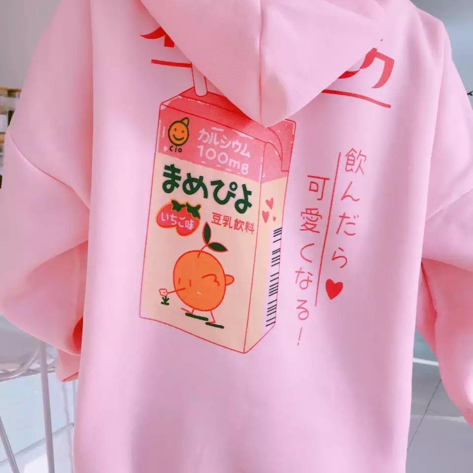 Cute Pastel Pink Peach Cartoon Print Long Sleeve Hoodie Pullover Sweater Sweatshirt Autumn Winter E-Girl Kawaii Korean Japanese Harajuku Streetwear