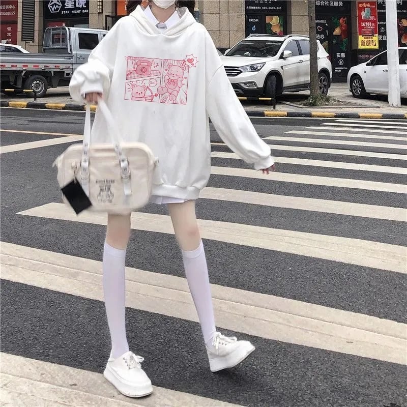 Pink Bear Cartoon Print Hoodie