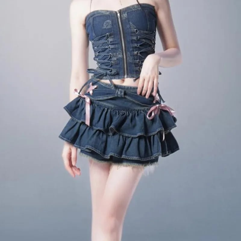 Denim Ruffle Pink Ribbon A-Line Mini Skirt