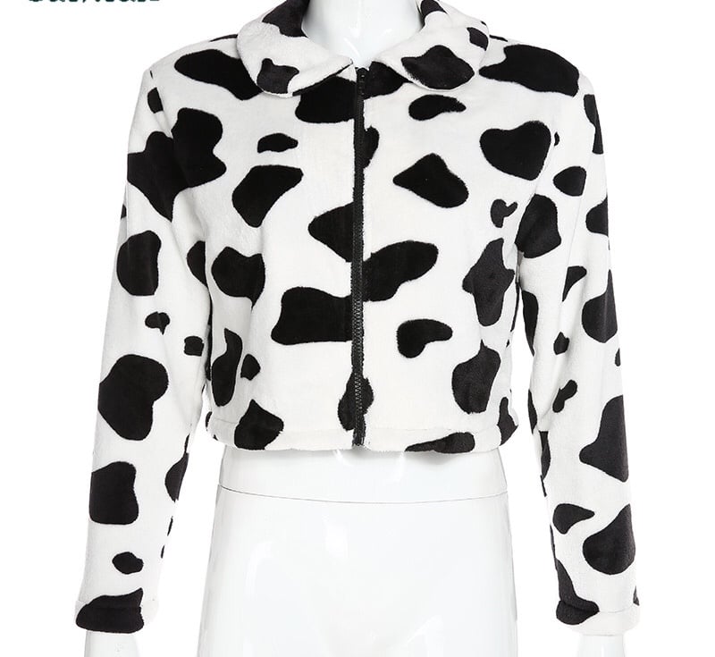 Cute Cow Animal Print Faux Fur Coat Jacket Zipper Sweater Jumper Casual E-Girl Kawaii Korean Japanese Harajuku Chinese Retro Streetwear Aesthetic