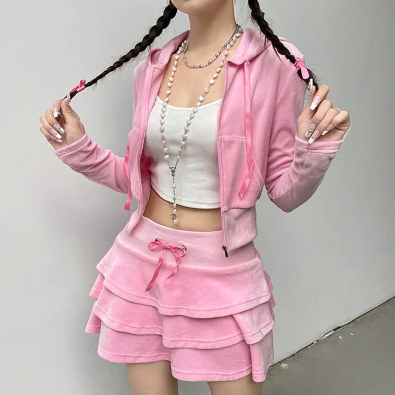 2PCS Pink Zipper Hoodie + Tiered Mini Skirt Set