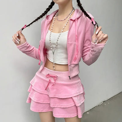 2PCS Pink Zipper Hoodie + Tiered Mini Skirt Set