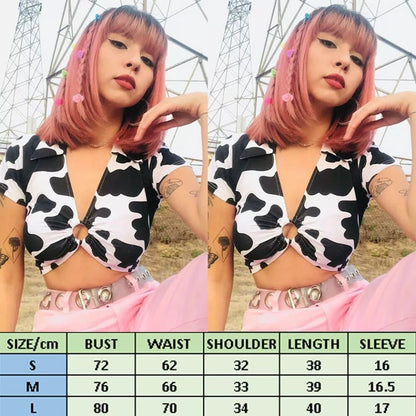 Cute Cow Print V Neck Short Sleeve Shirt Crop Top Summer Aesthetic Casual E-Girl Kawaii Korean Japanese Harajuku