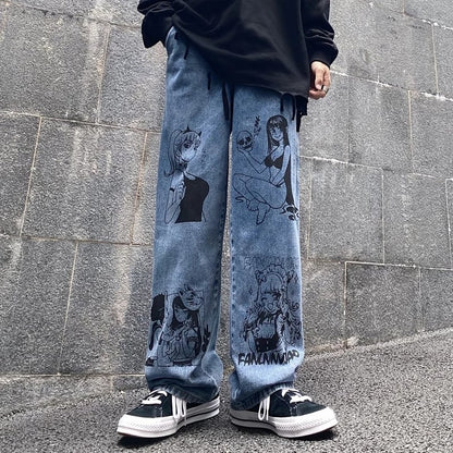Cute Anime Girl Cartoon Print Denim Jeans Trousers Wide Leg Pants Bottoms Aesthetic Casual Summer E-Girl Kawaii Korean Japanese Harajuku