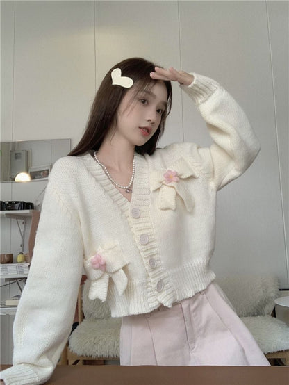 White Bow Knit Cardigan Sweater