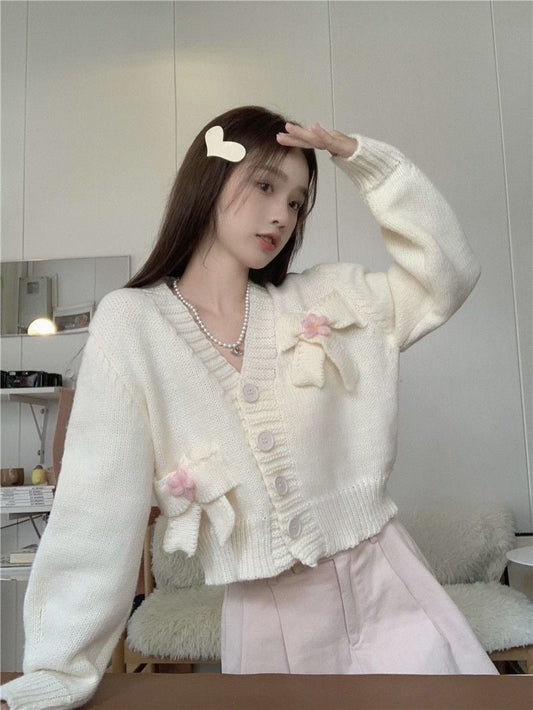 White Bow Knit Cardigan Sweater