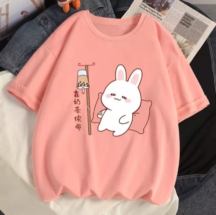 Cute Rabbit Boba Bubble Milk Tea Graphic Cartoon Print Loose Short Sleeve T-shirt Aesthetic Casual Summer E-Girl Kawaii Korean Japanese Harajuku