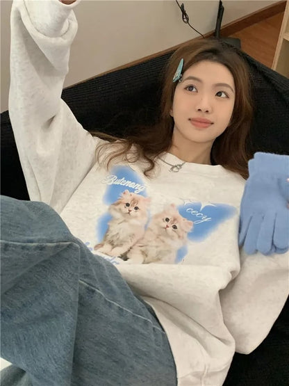 Cat Print Long Sleeve Sweatshirt