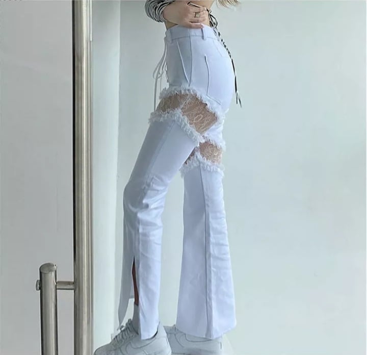 Cute White Lace Hollow Out Side Split High Waist Flare Denim Jeans Pants Trousers Summer Aesthetic Casual E-Girl Kawaii Korean Japanese Harajuku