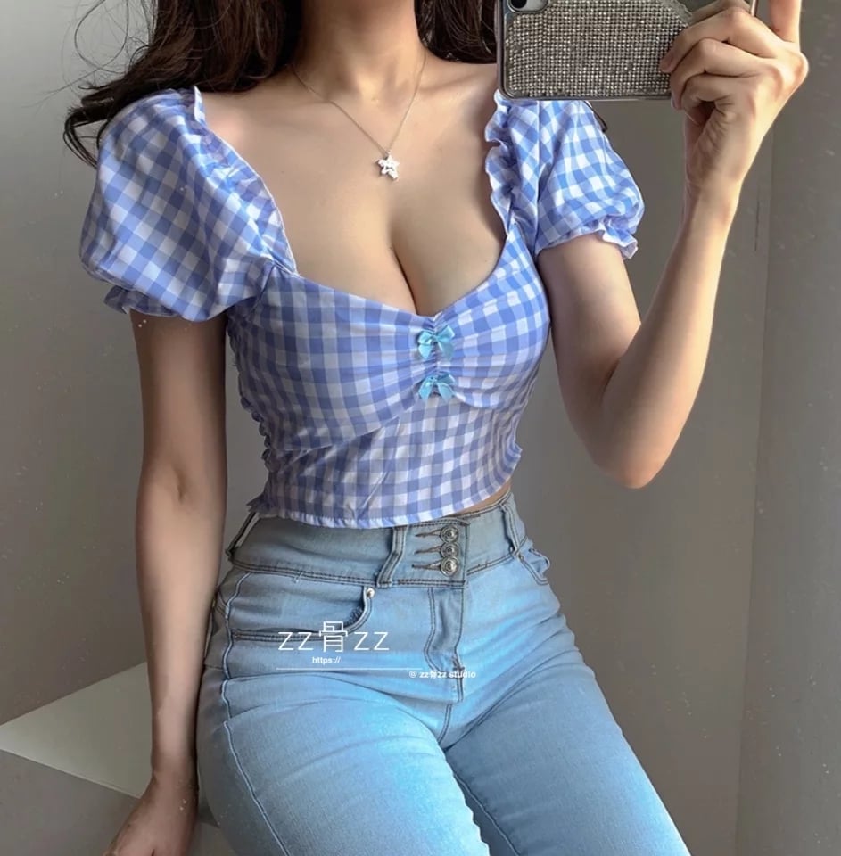 Cute Sexy Blue Plaid Print Bow Ribbon Collar Puff Short Sleeve Shirt Blouse Aesthetic Casual Summer E-Girl Kawaii Korean Japanese Harajuku
