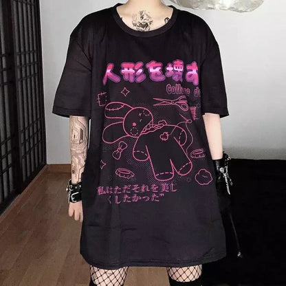 Cute Black Rabbit Bunny Print Oversized Loose Short Sleeve Shirt Tee T-shirt Summer Casual Goth Punk E-Girl Kawaii Korean Japanese Harajuku Streetwear