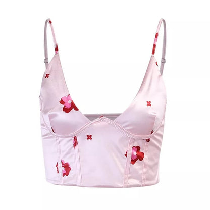 Cute Satin Flower Corset Crop Top Strapless Sleeveless Tube Top Bustier Summer Aesthetic Casual E-Girl Kawaii Korean Japanese Harajuku