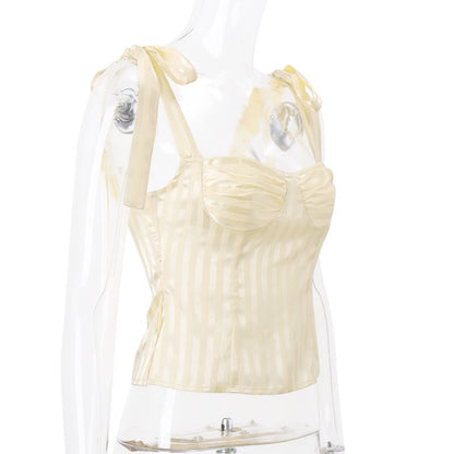 Sweet Yellow Bow Lace Up Satin Top