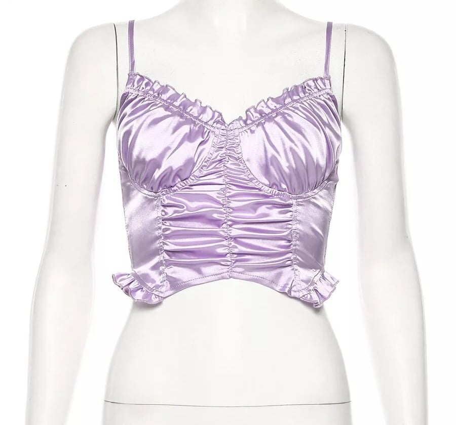 Cute Sexy Purple Silk V Neck Ruffled Blouse Crop Top Shirt Tee T-shirt Kawaii Korean Japanese Harajuku Chinese Retro Streetwear Aesthetic Fashion