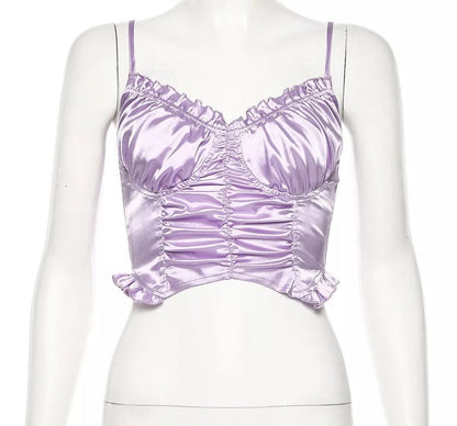 Cute Sexy Purple Silk V Neck Ruffled Blouse Crop Top Shirt Tee T-shirt Kawaii Korean Japanese Harajuku Chinese Retro Streetwear Aesthetic Fashion